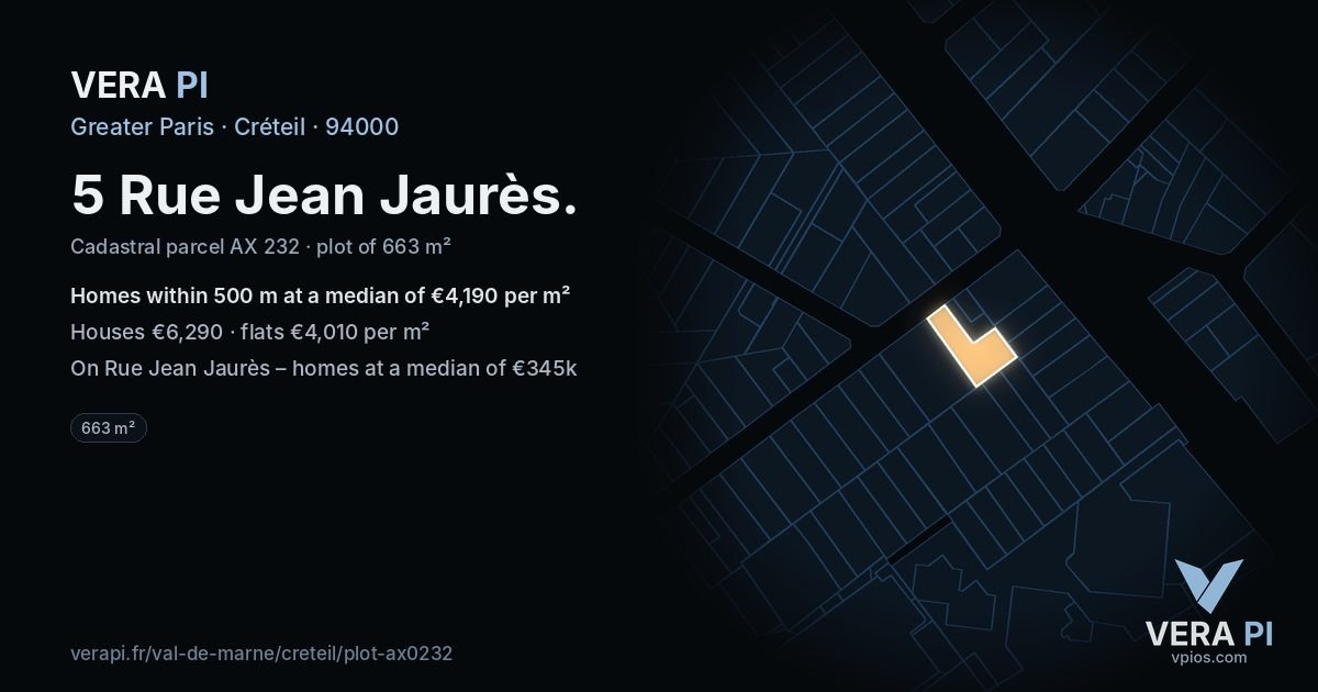 5 Rue Jean Jaurès, Créteil at night – the plot lit, the parcels around coloured by the prices near them