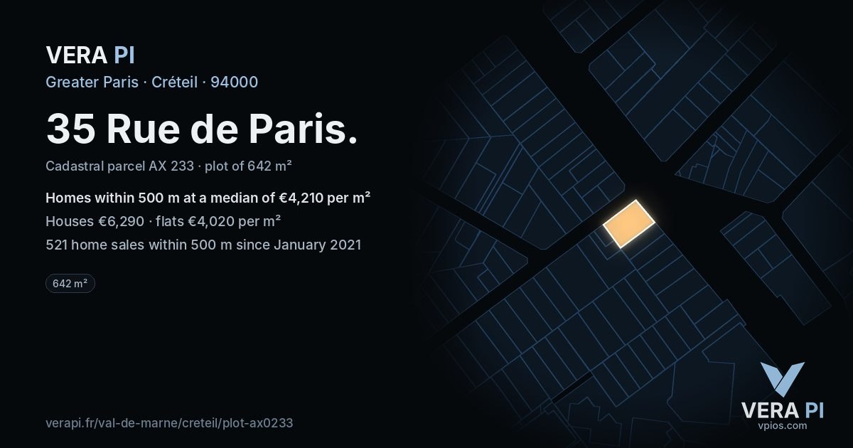 35 Rue de Paris, Créteil at night – the plot lit, the parcels around coloured by the prices near them
