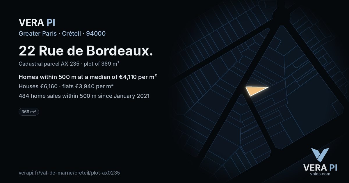 22 Rue de Bordeaux, Créteil at night – the plot lit, the parcels around coloured by the prices near them
