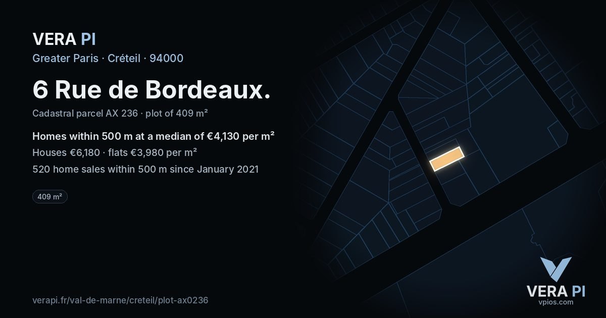 6 Rue de Bordeaux, Créteil at night – the plot lit, the parcels around coloured by the prices near them