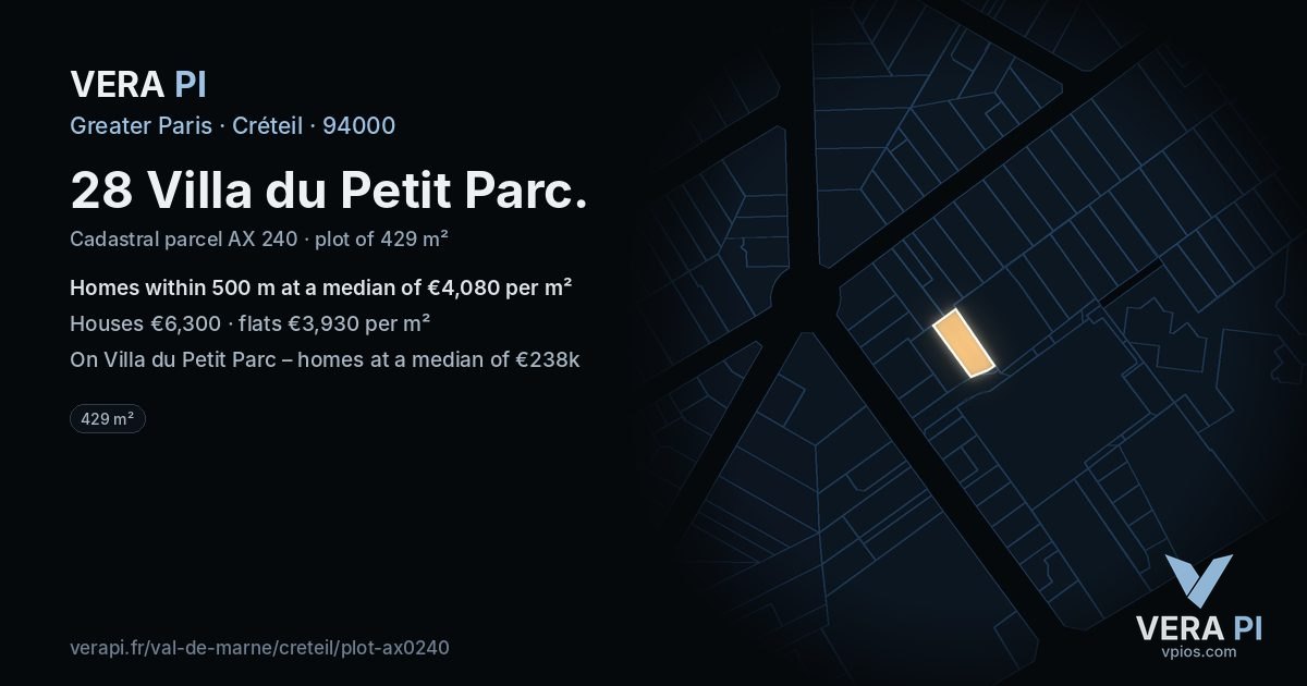 28 Villa du Petit Parc, Créteil at night – the plot lit, the parcels around coloured by the prices near them