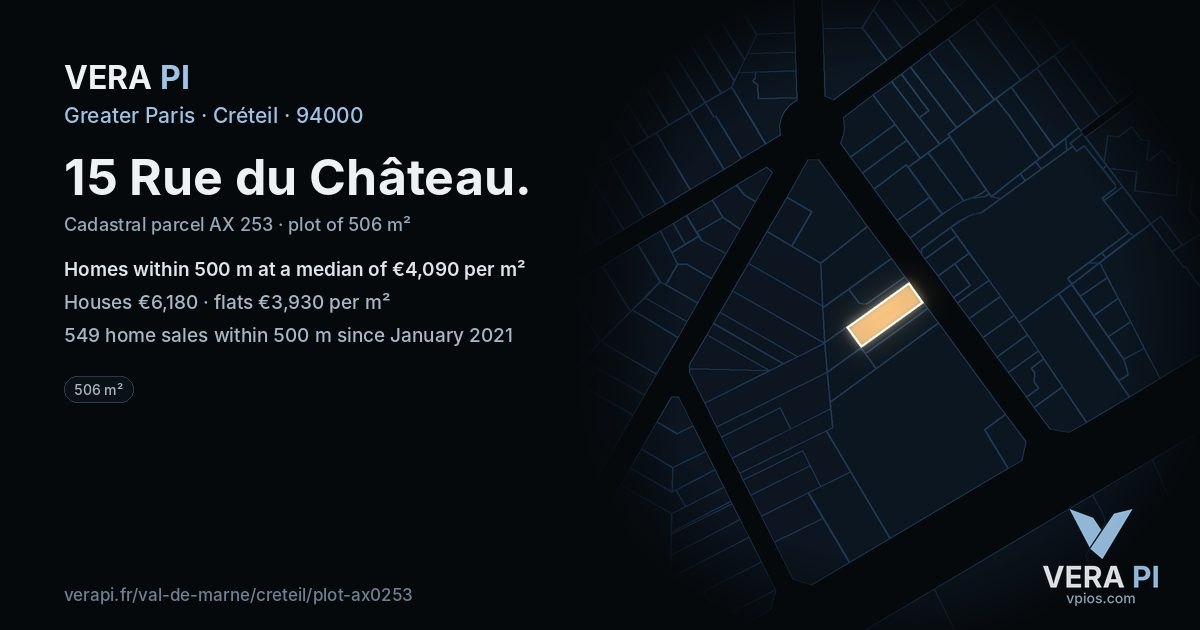 15 Rue du Château, Créteil at night – the plot lit, the parcels around coloured by the prices near them