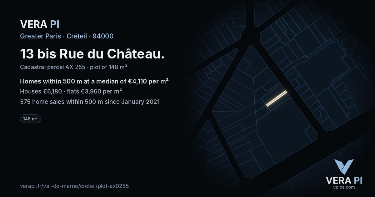 13 bis Rue du Château, Créteil at night – the plot lit, the parcels around coloured by the prices near them