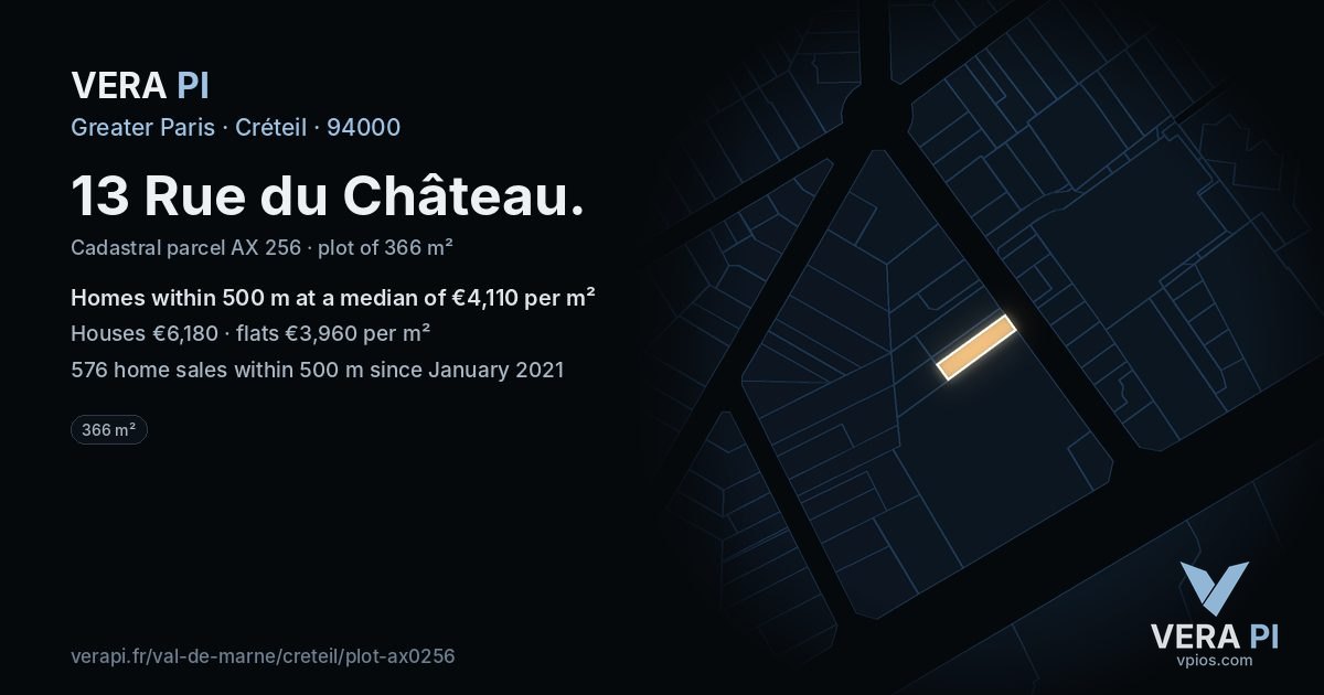 13 Rue du Château, Créteil at night – the plot lit, the parcels around coloured by the prices near them