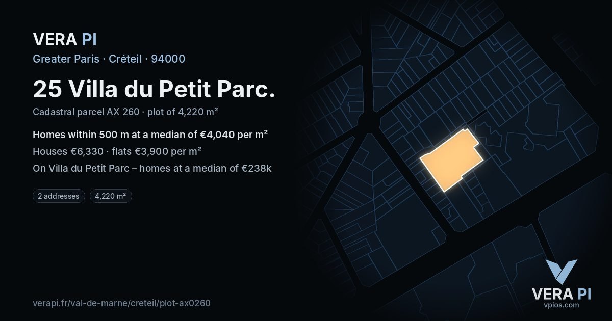 25 Villa du Petit Parc, Créteil at night – the plot lit, the parcels around coloured by the prices near them