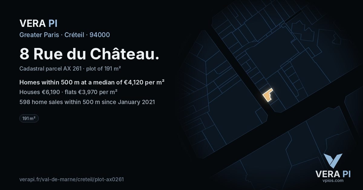 8 Rue du Château, Créteil at night – the plot lit, the parcels around coloured by the prices near them
