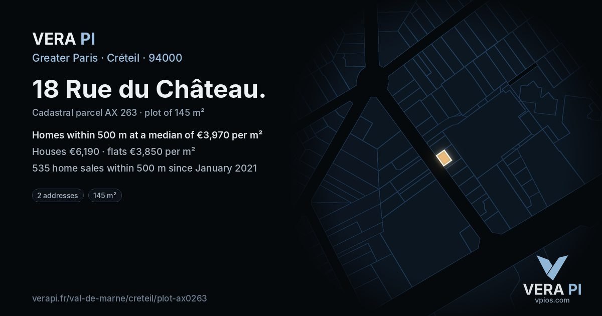 18 Rue du Château, Créteil at night – the plot lit, the parcels around coloured by the prices near them