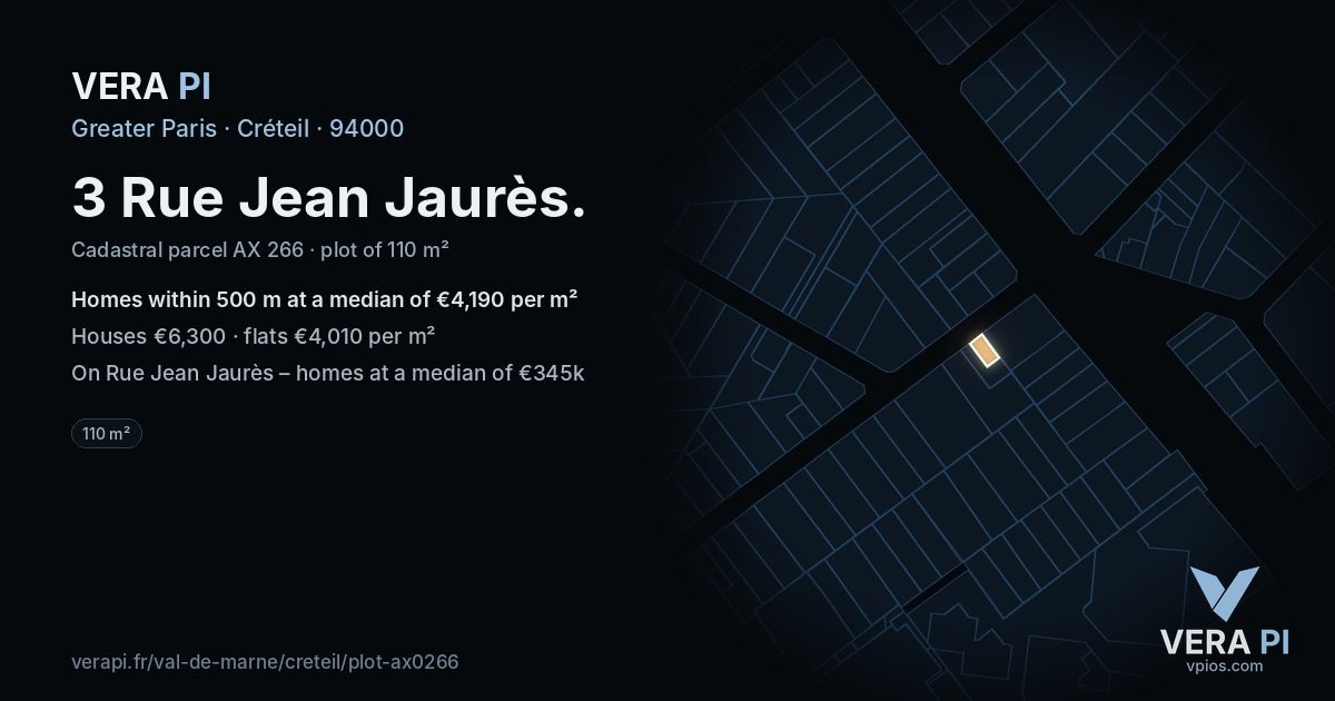 3 Rue Jean Jaurès, Créteil at night – the plot lit, the parcels around coloured by the prices near them