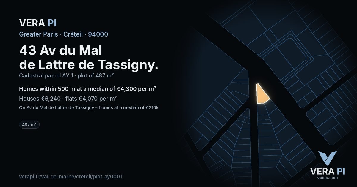 43 Av du Mal de Lattre de Tassigny, Créteil at night – the plot lit, the parcels around coloured by the prices near them