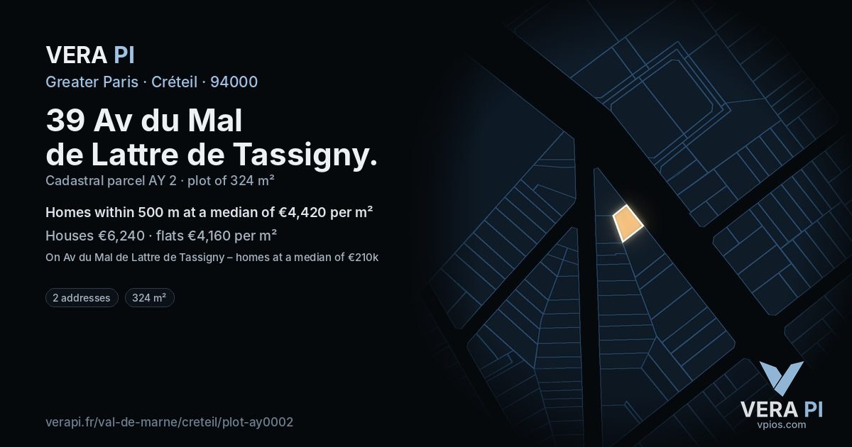 39 Av du Mal de Lattre de Tassigny, Créteil at night – the plot lit, the parcels around coloured by the prices near them