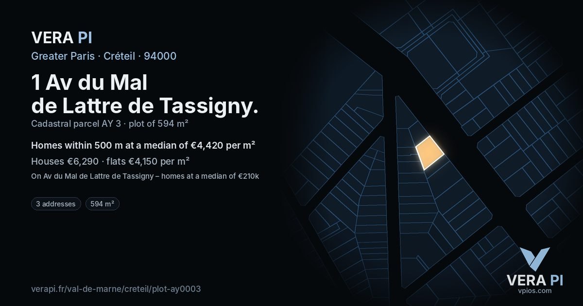 1 Av du Mal de Lattre de Tassigny, Créteil at night – the plot lit, the parcels around coloured by the prices near them