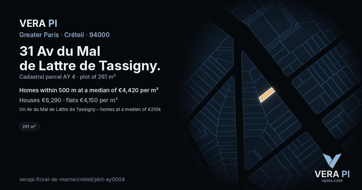 31 Av du Mal de Lattre de Tassigny, Créteil at night – the plot lit, the parcels around coloured by the prices near them