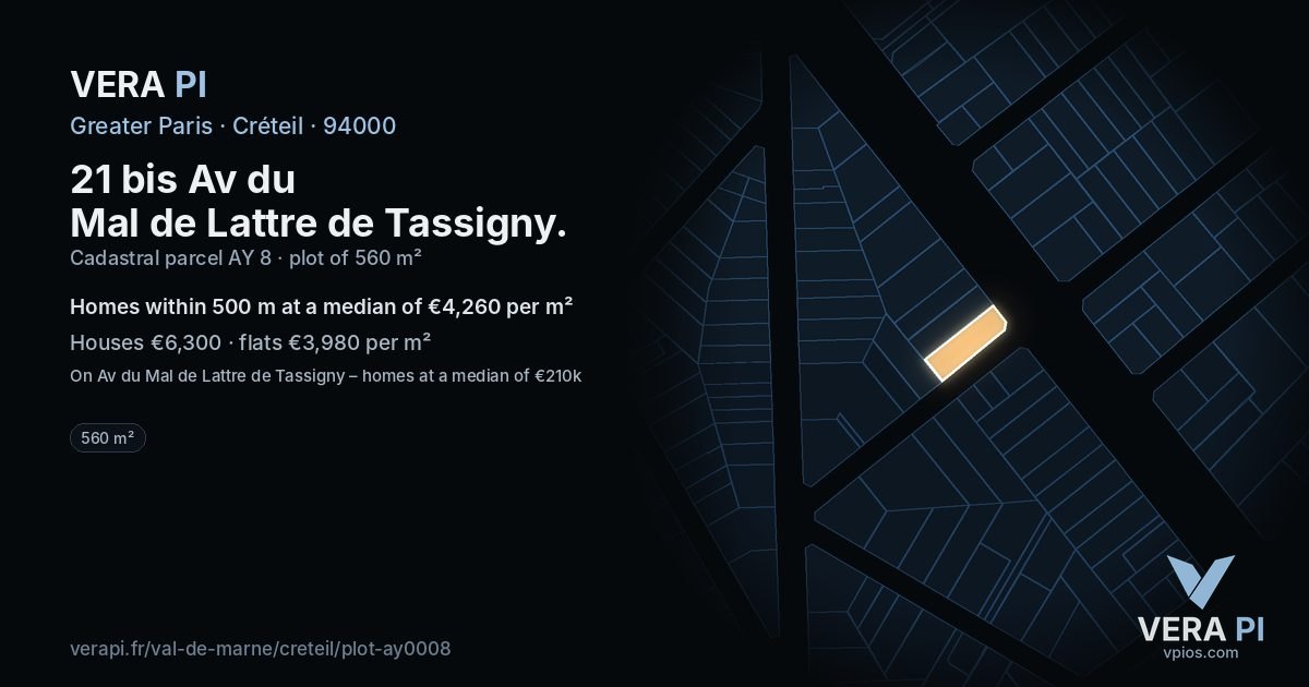 21 bis Av du Mal de Lattre de Tassigny, Créteil at night – the plot lit, the parcels around coloured by the prices near them