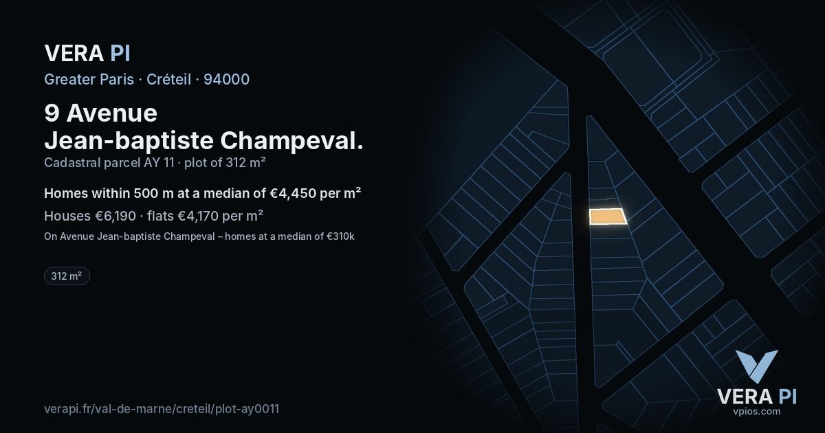 9 Avenue Jean-baptiste Champeval, Créteil at night – the plot lit, the parcels around coloured by the prices near them