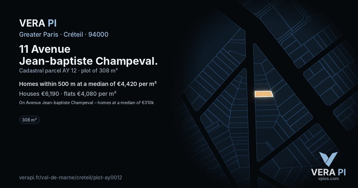 11 Avenue Jean-baptiste Champeval, Créteil at night – the plot lit, the parcels around coloured by the prices near them