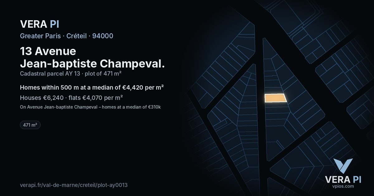 13 Avenue Jean-baptiste Champeval, Créteil at night – the plot lit, the parcels around coloured by the prices near them