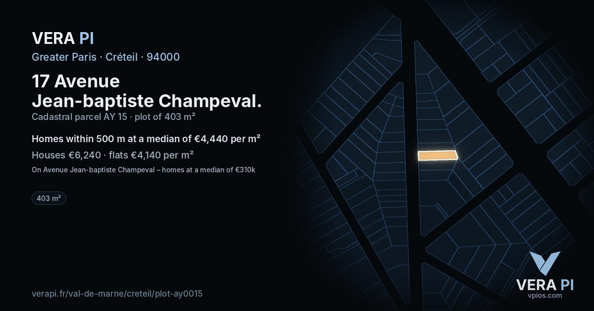 17 Avenue Jean-baptiste Champeval, Créteil at night – the plot lit, the parcels around coloured by the prices near them
