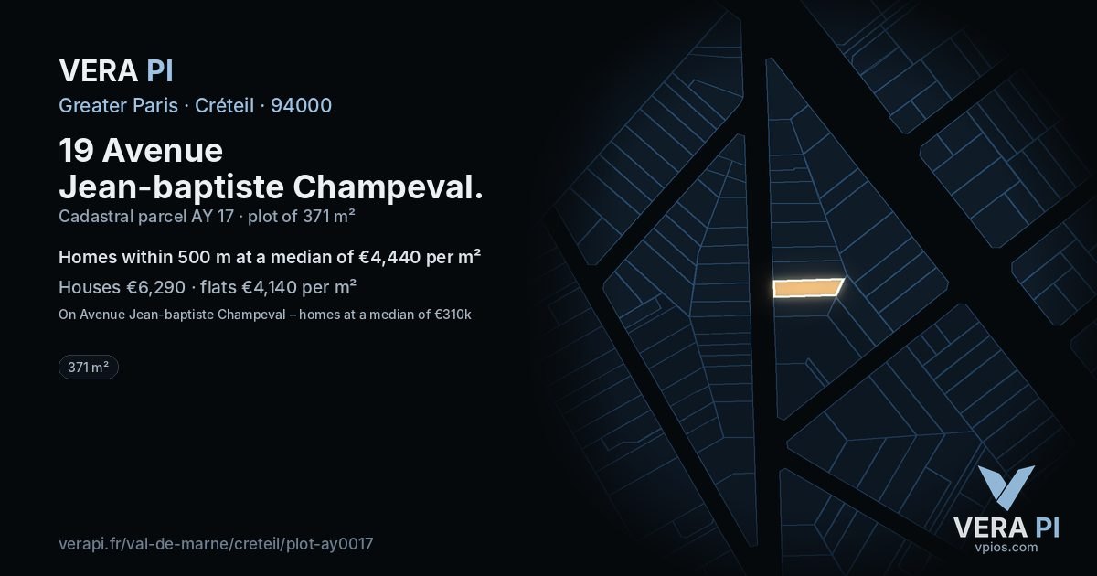 19 Avenue Jean-baptiste Champeval, Créteil at night – the plot lit, the parcels around coloured by the prices near them