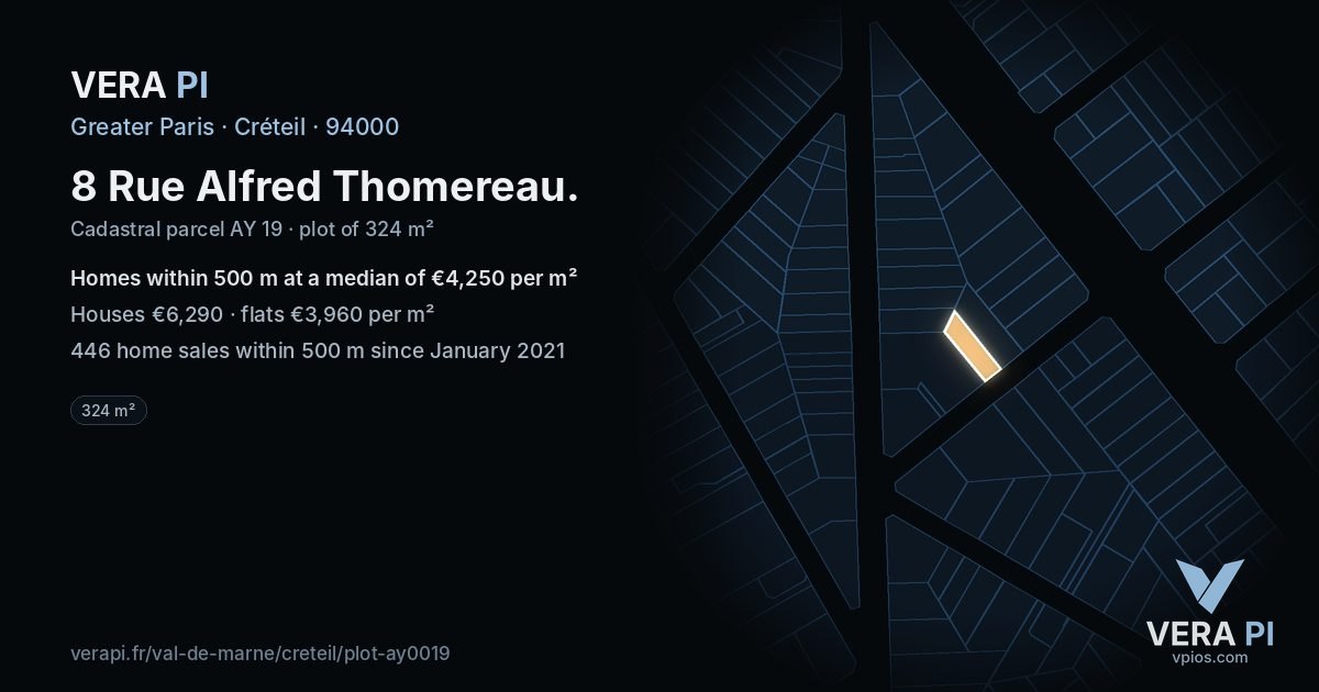8 Rue Alfred Thomereau, Créteil at night – the plot lit, the parcels around coloured by the prices near them