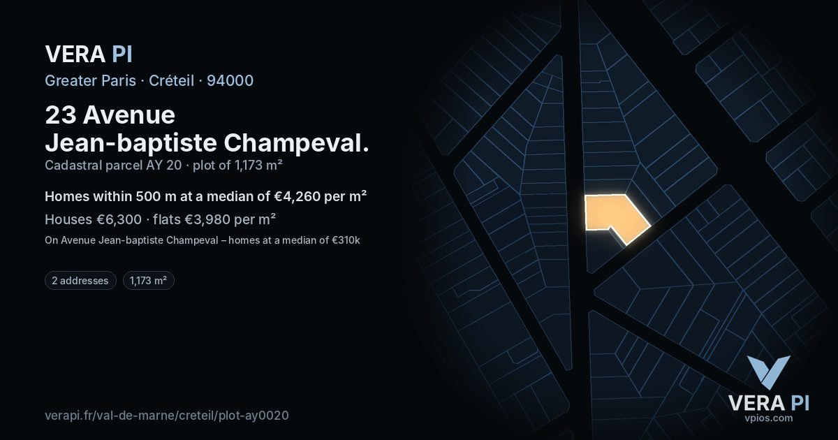 23 Avenue Jean-baptiste Champeval, Créteil at night – the plot lit, the parcels around coloured by the prices near them