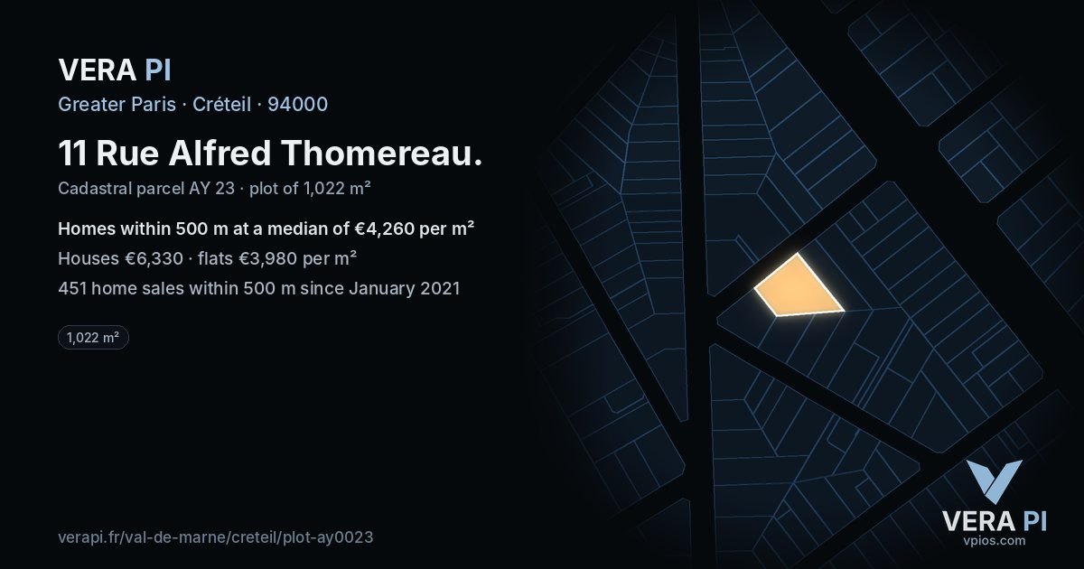 11 Rue Alfred Thomereau, Créteil at night – the plot lit, the parcels around coloured by the prices near them