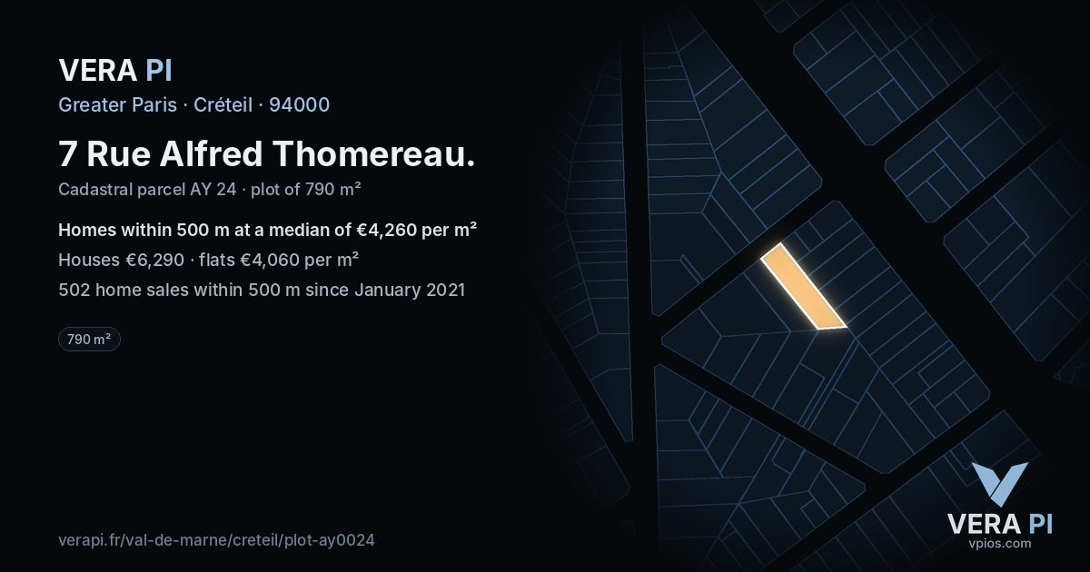 7 Rue Alfred Thomereau, Créteil at night – the plot lit, the parcels around coloured by the prices near them