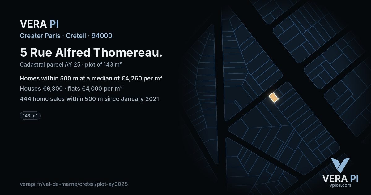 5 Rue Alfred Thomereau, Créteil at night – the plot lit, the parcels around coloured by the prices near them