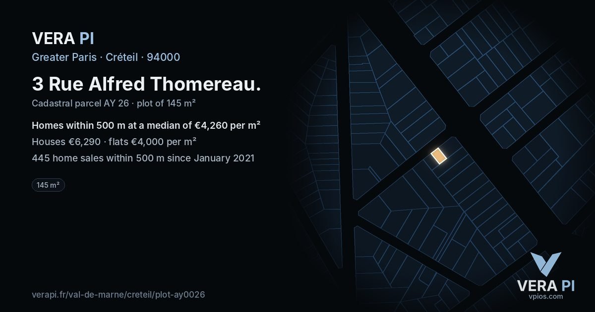 3 Rue Alfred Thomereau, Créteil at night – the plot lit, the parcels around coloured by the prices near them