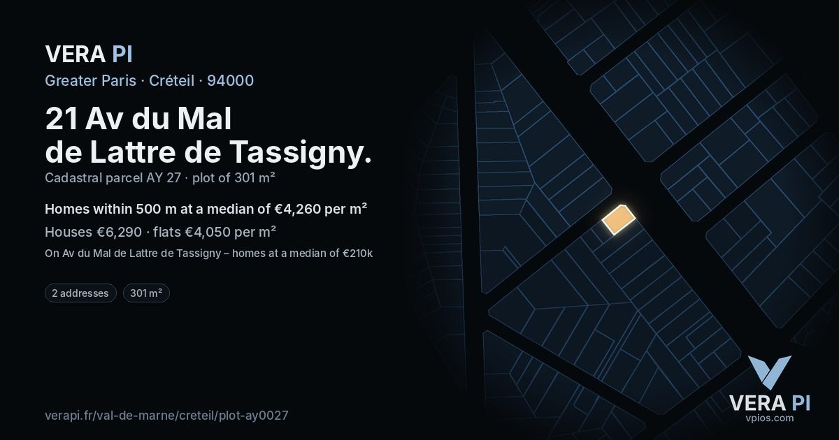 21 Av du Mal de Lattre de Tassigny, Créteil at night – the plot lit, the parcels around coloured by the prices near them