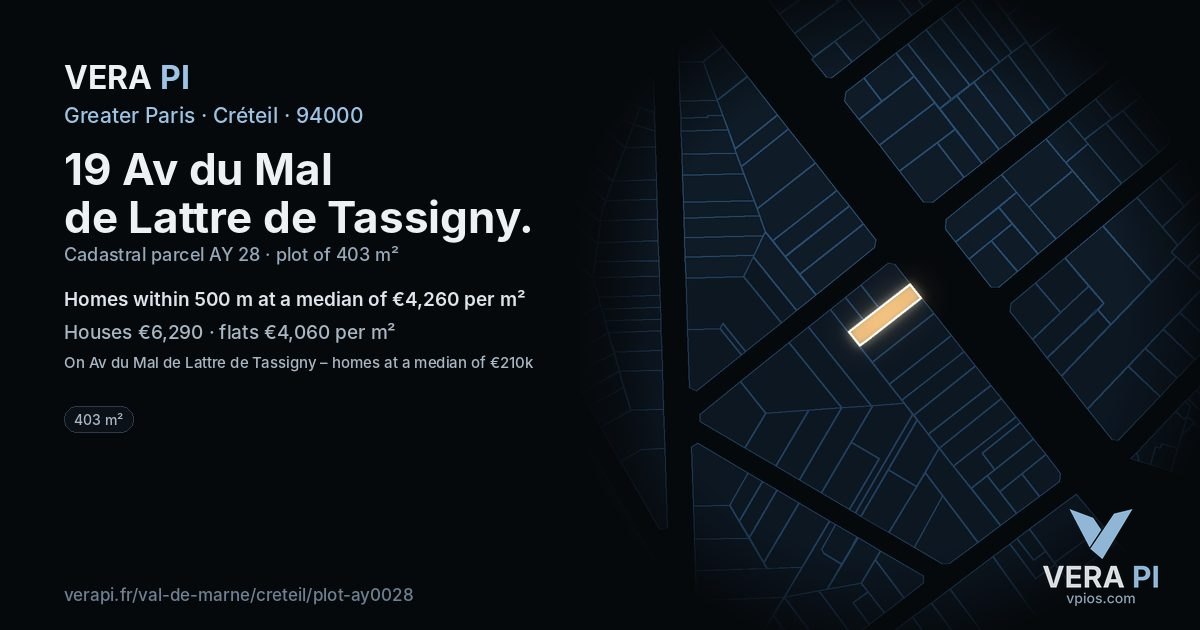 19 Av du Mal de Lattre de Tassigny, Créteil at night – the plot lit, the parcels around coloured by the prices near them