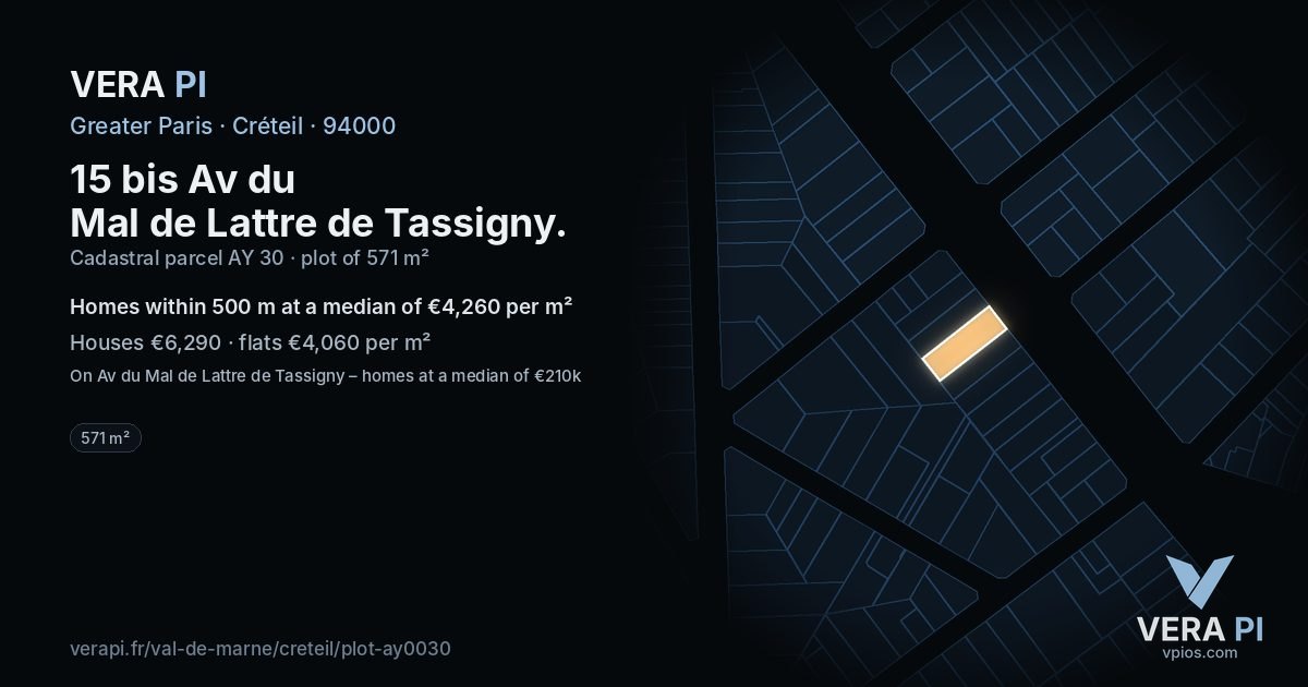 15 bis Av du Mal de Lattre de Tassigny, Créteil at night – the plot lit, the parcels around coloured by the prices near them