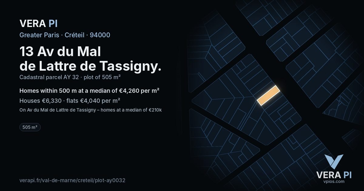 13 Av du Mal de Lattre de Tassigny, Créteil at night – the plot lit, the parcels around coloured by the prices near them