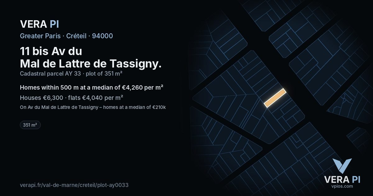 11 bis Av du Mal de Lattre de Tassigny, Créteil at night – the plot lit, the parcels around coloured by the prices near them