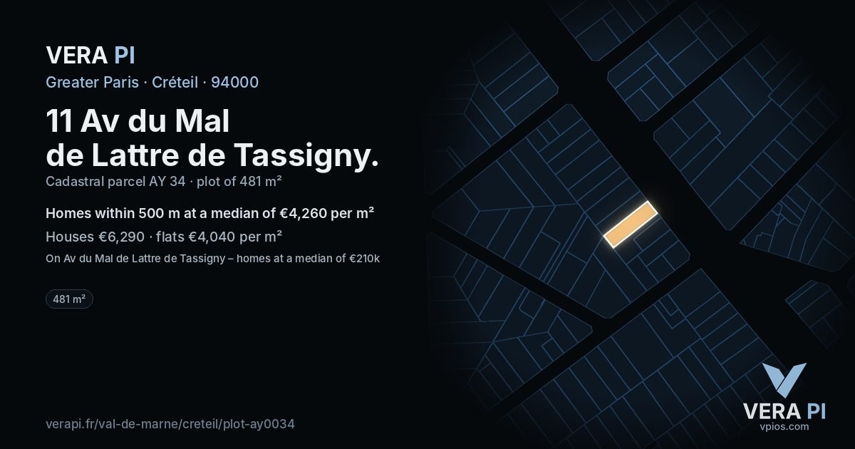 11 Av du Mal de Lattre de Tassigny, Créteil at night – the plot lit, the parcels around coloured by the prices near them
