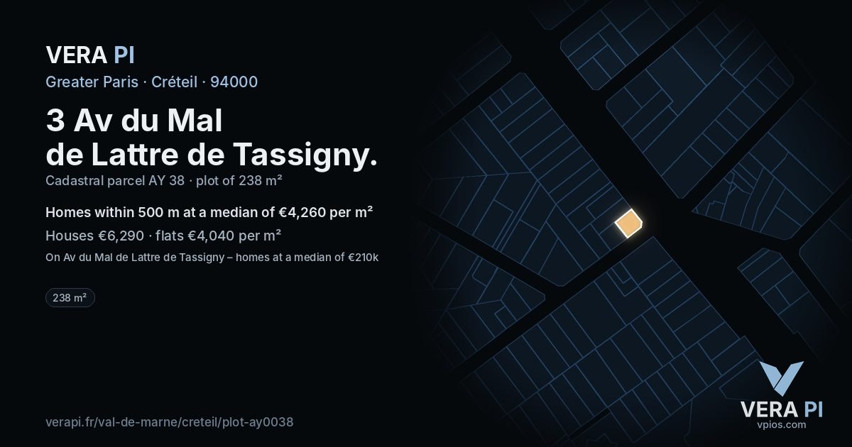 3 Av du Mal de Lattre de Tassigny, Créteil at night – the plot lit, the parcels around coloured by the prices near them