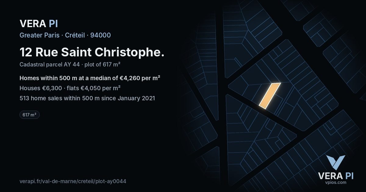 12 Rue Saint Christophe, Créteil at night – the plot lit, the parcels around coloured by the prices near them