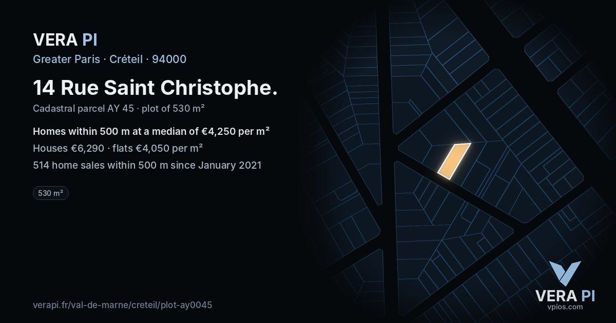 14 Rue Saint Christophe, Créteil at night – the plot lit, the parcels around coloured by the prices near them