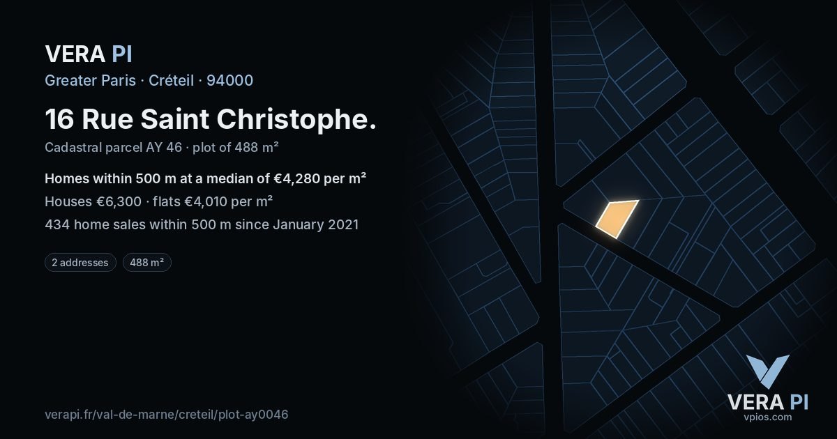 16 Rue Saint Christophe, Créteil at night – the plot lit, the parcels around coloured by the prices near them