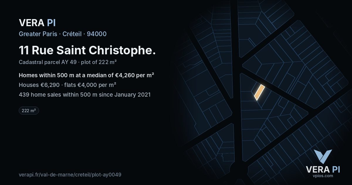 11 Rue Saint Christophe, Créteil at night – the plot lit, the parcels around coloured by the prices near them