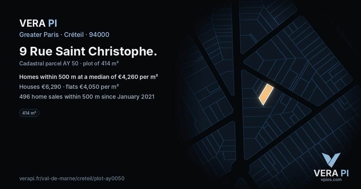9 Rue Saint Christophe, Créteil at night – the plot lit, the parcels around coloured by the prices near them