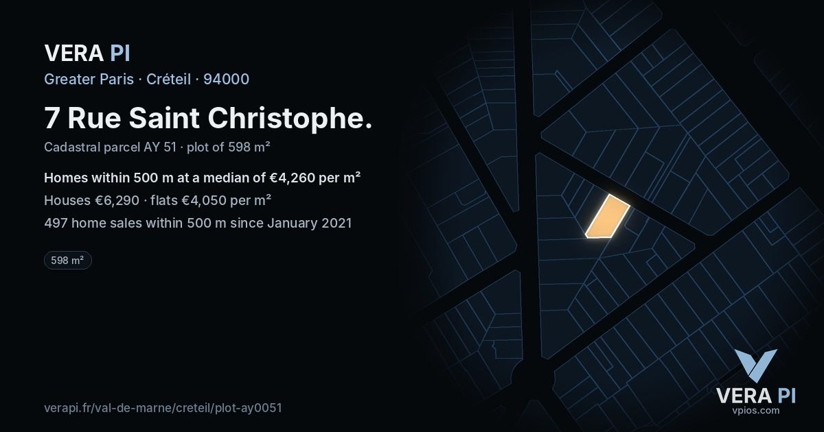 7 Rue Saint Christophe, Créteil at night – the plot lit, the parcels around coloured by the prices near them