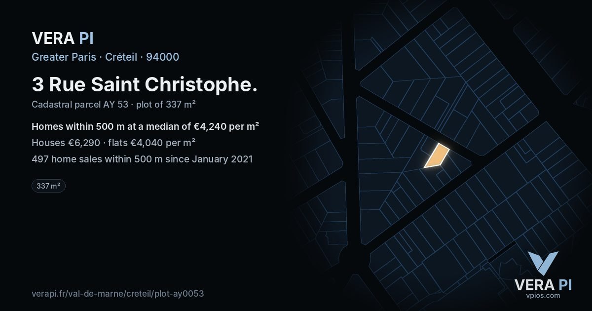 3 Rue Saint Christophe, Créteil at night – the plot lit, the parcels around coloured by the prices near them