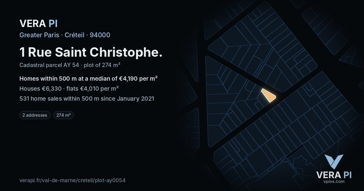 1 Rue Saint Christophe, Créteil at night – the plot lit, the parcels around coloured by the prices near them