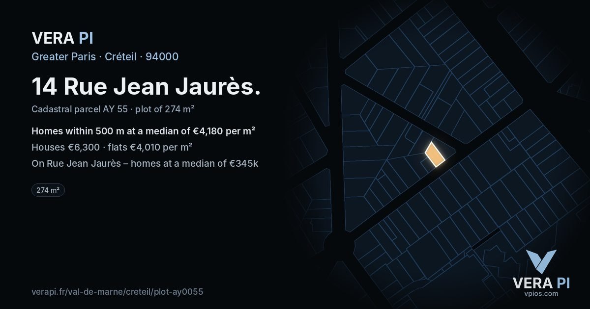 14 Rue Jean Jaurès, Créteil at night – the plot lit, the parcels around coloured by the prices near them