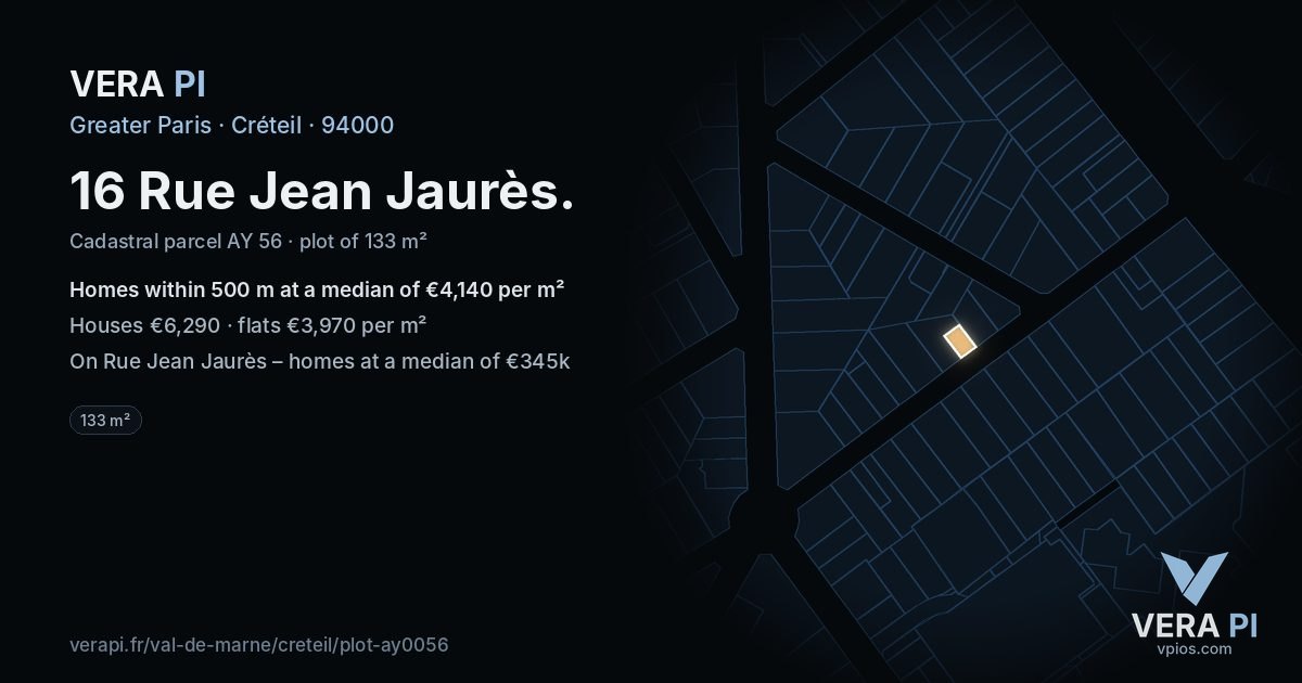 16 Rue Jean Jaurès, Créteil at night – the plot lit, the parcels around coloured by the prices near them