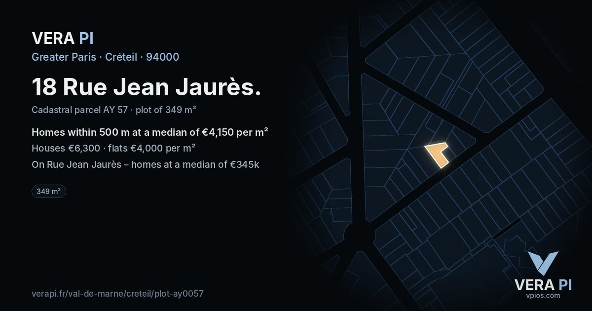 18 Rue Jean Jaurès, Créteil at night – the plot lit, the parcels around coloured by the prices near them