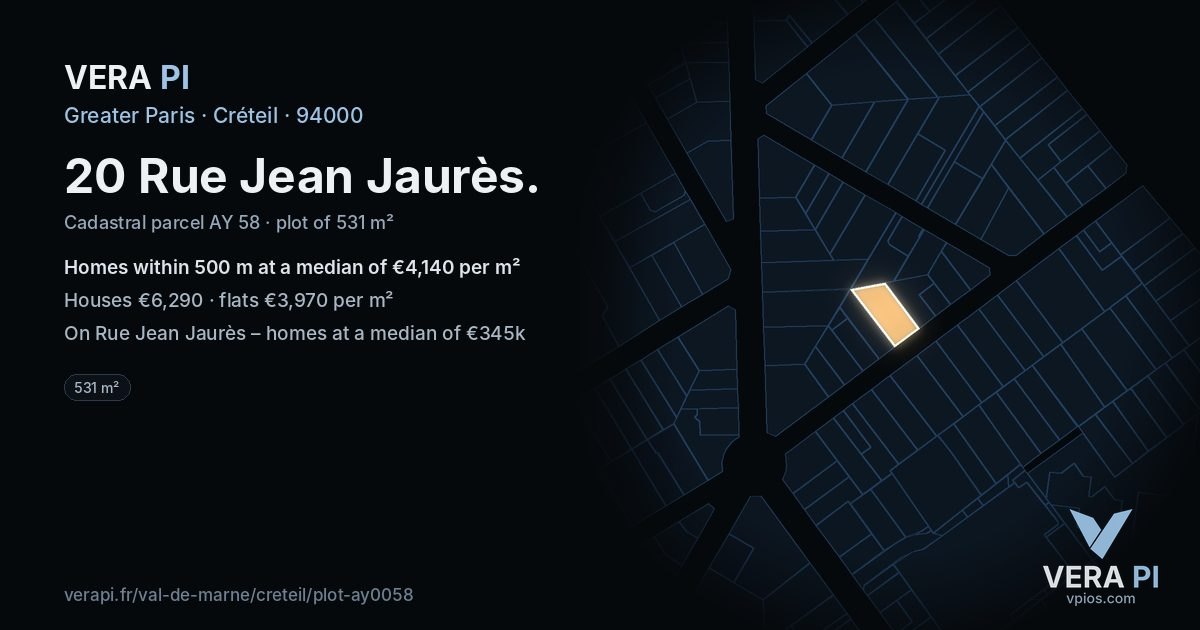 20 Rue Jean Jaurès, Créteil at night – the plot lit, the parcels around coloured by the prices near them