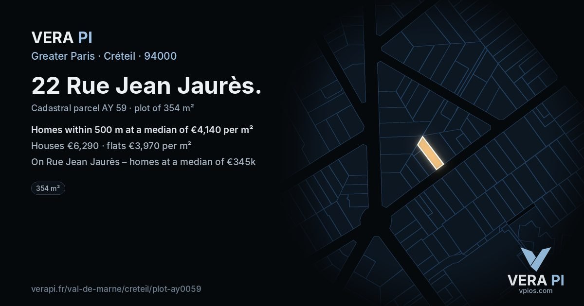 22 Rue Jean Jaurès, Créteil at night – the plot lit, the parcels around coloured by the prices near them