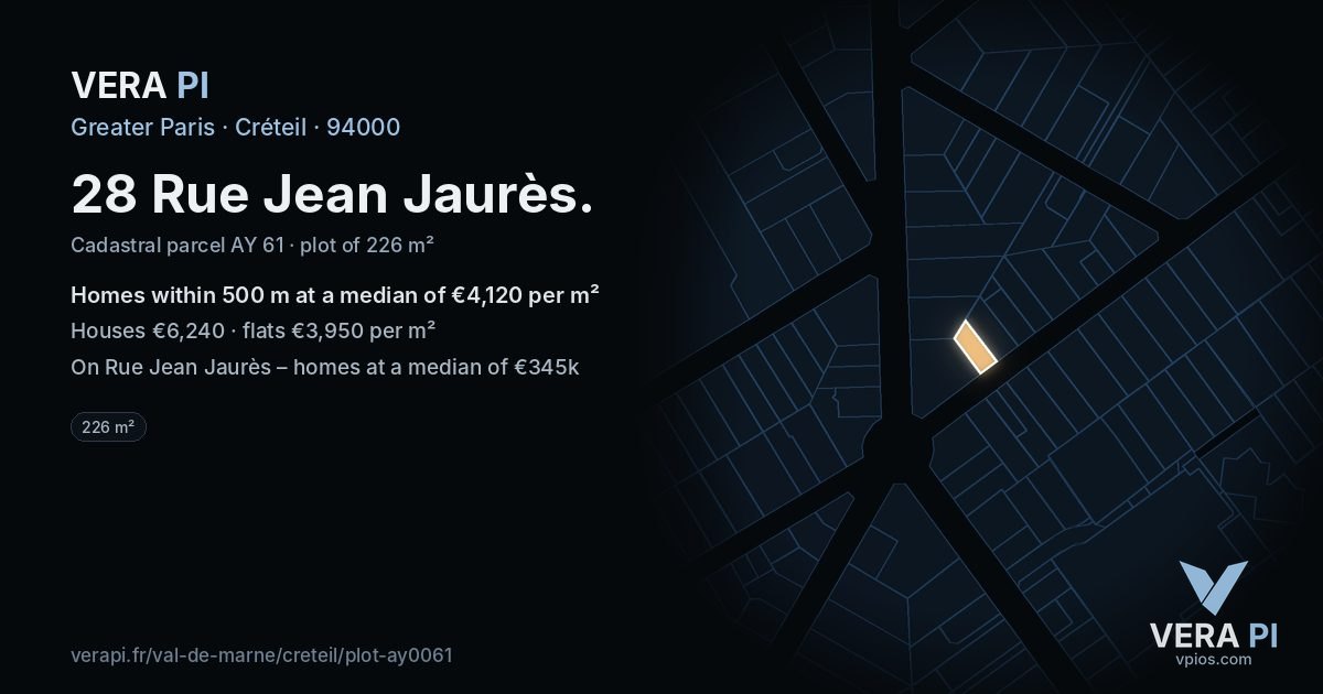 28 Rue Jean Jaurès, Créteil at night – the plot lit, the parcels around coloured by the prices near them