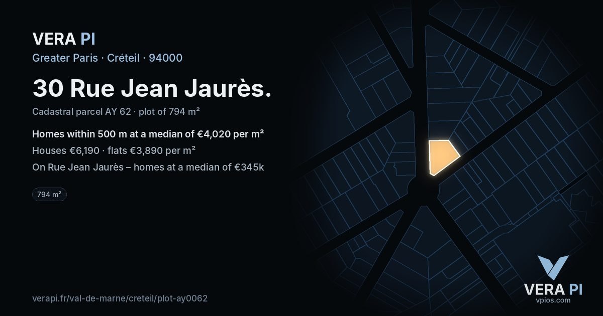 30 Rue Jean Jaurès, Créteil at night – the plot lit, the parcels around coloured by the prices near them